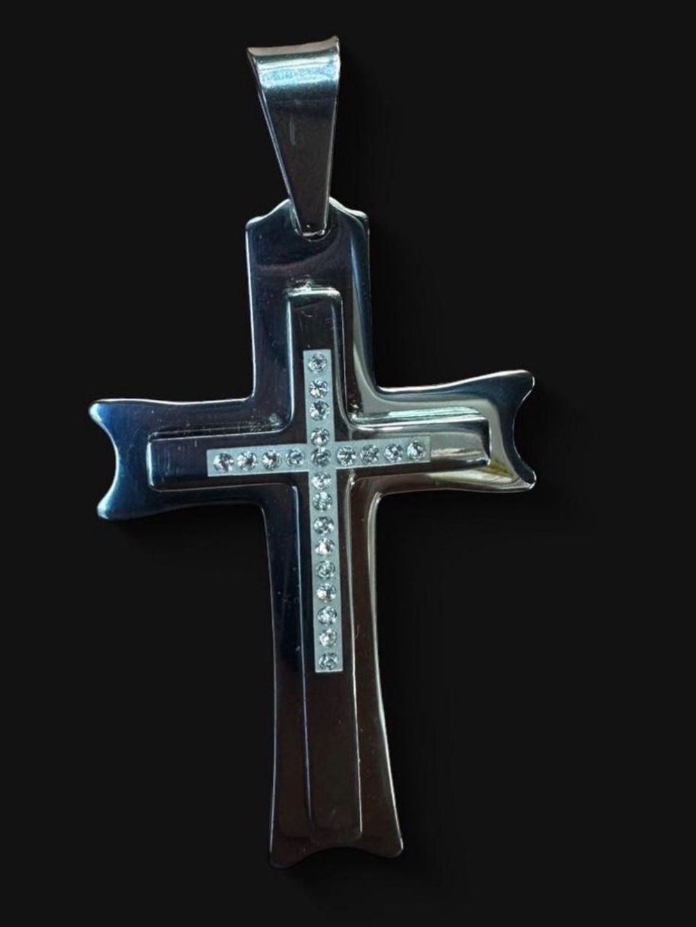 Stainless Steel Cross Pendant with Crystal Inlay - Silver